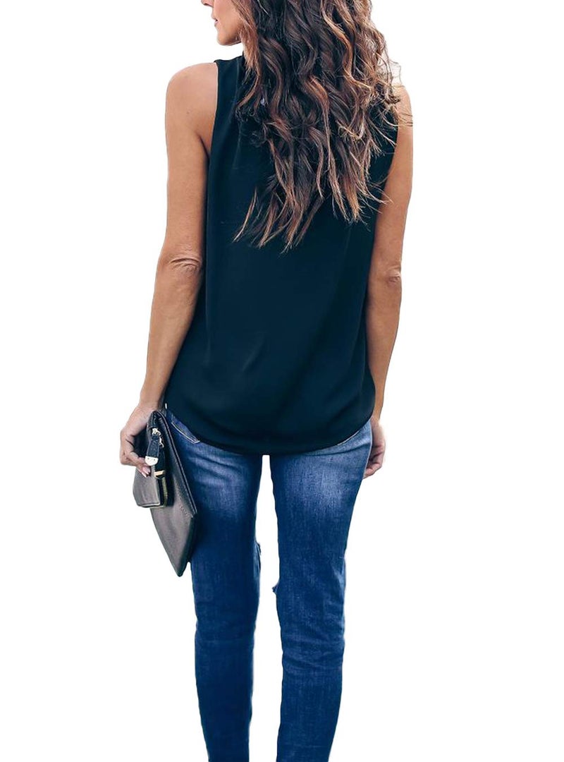Allimy Women Summer Elegant Chiffon Tank Tops for Juniors Fashion 2025 Ruffle Blouses Black Large - Image 5